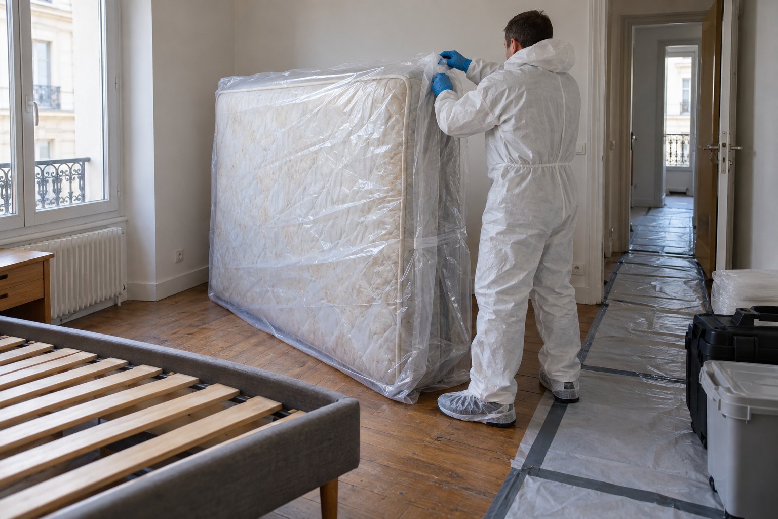 Matelas conditionné avant déplacement — illustration générée par IA