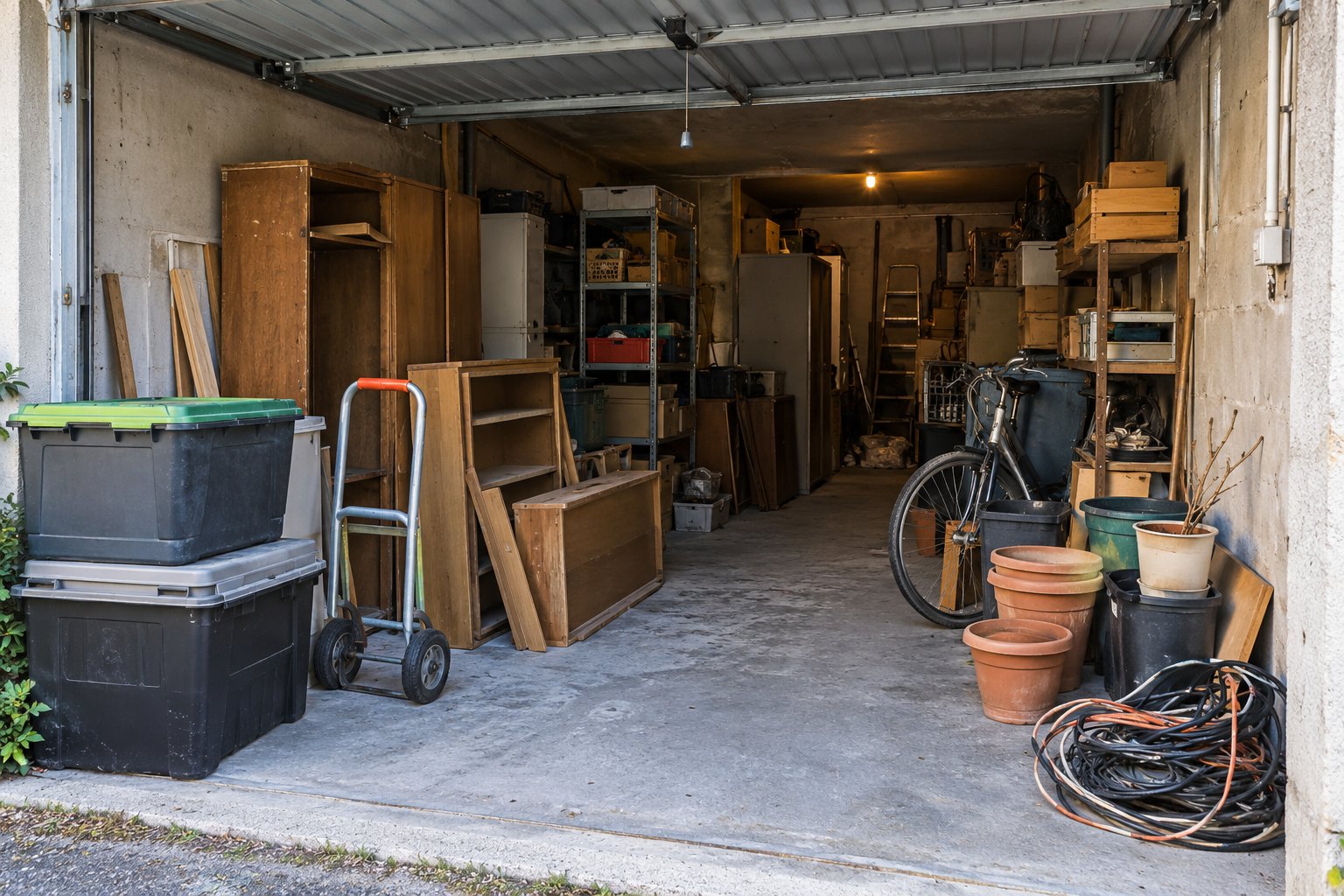 Garage encombré de mobilier et d’objets à trier — illustration générée par IA